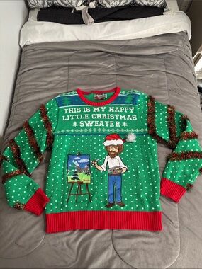 Spencer's Bob Ross This Is My Happy Little Christmas Sweater' crew neck Sz L